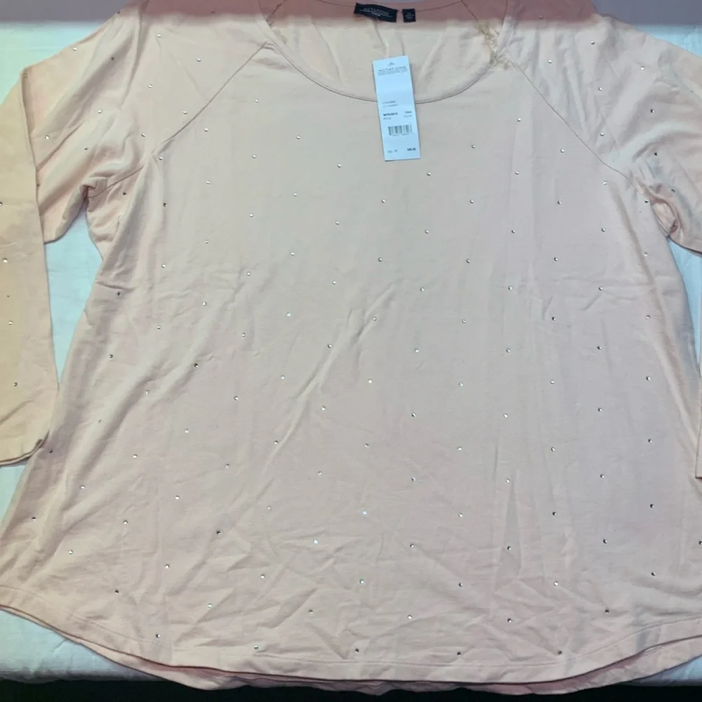 NWT Notations Women's 3X Pale Pink Long Sleeve Rhinestone Studded Tee Shirt